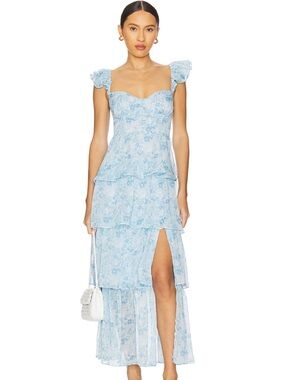 ASTR The Label Midsummer  Dress in Blue Floral Tiered Maxi Dress